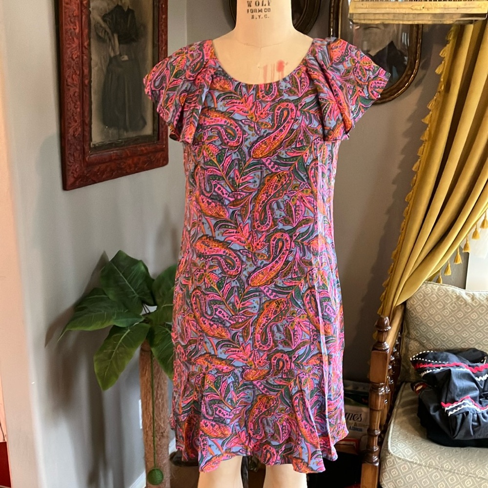 J Crew Paisley Silk Dress Pink Blue Flutter Sleeves size 6